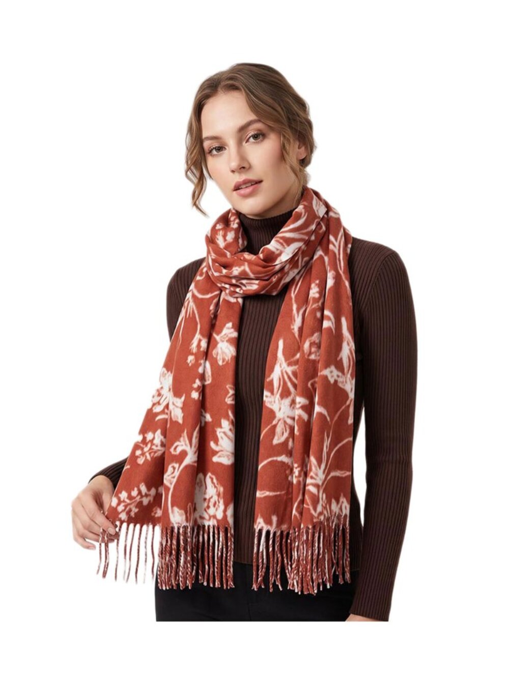 Tigerstars Rust Flower Print Fringe Scarf